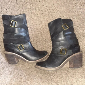 JEFFREY CAMPBELL-Ibiza-France II Booties-Black Leather-Moto-Straps-8.5-Excellent